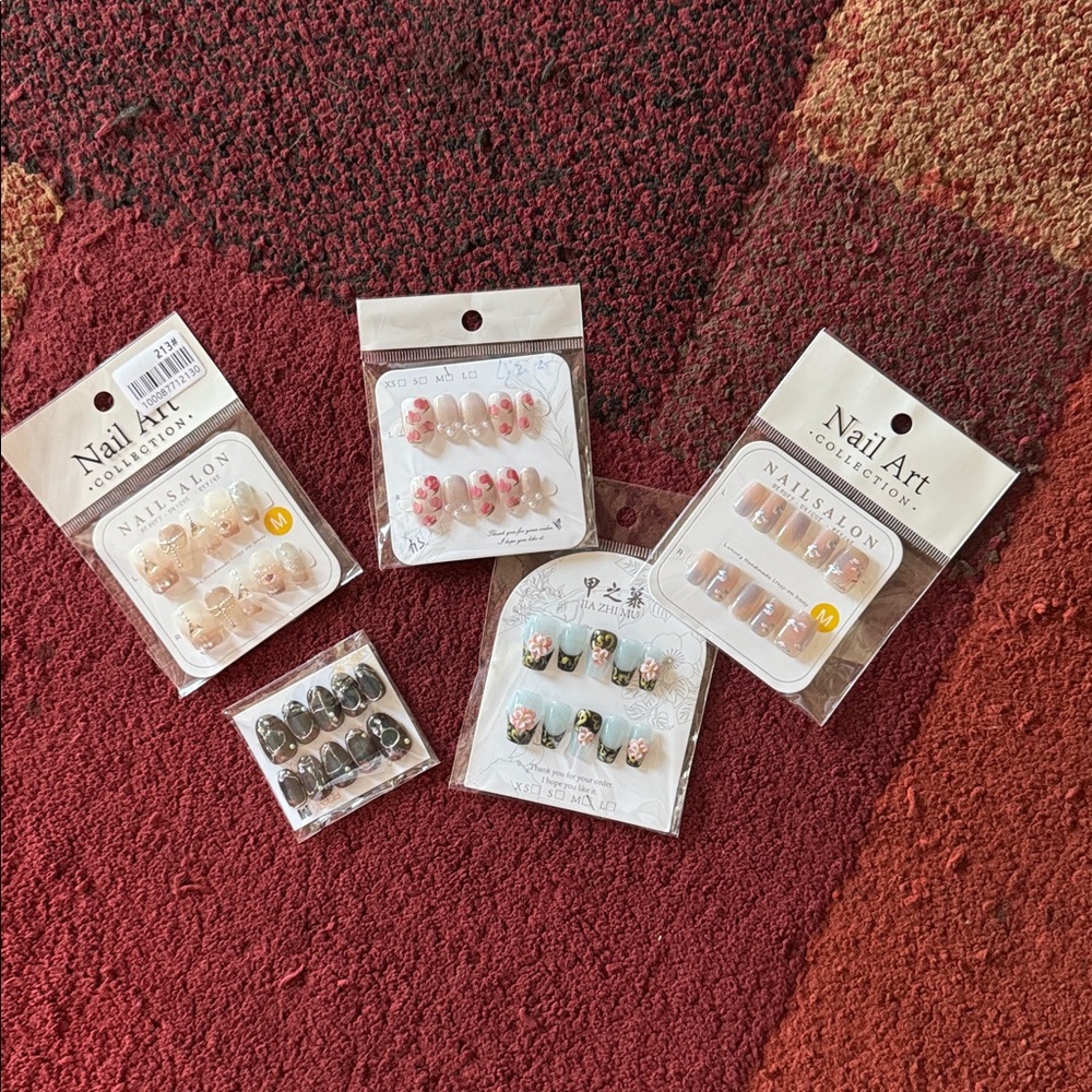 Bundle of 5 Press-On Nail Sets; Various Colors & Designs; Like New